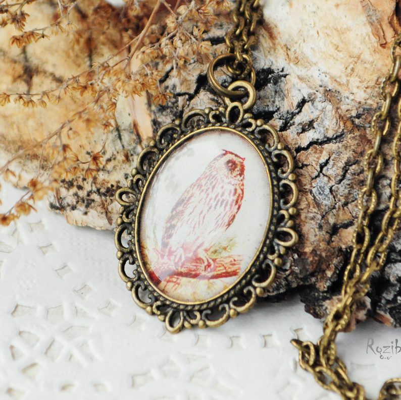 Сова рыжая на ветке - винтажный кулон на длинной цепочке