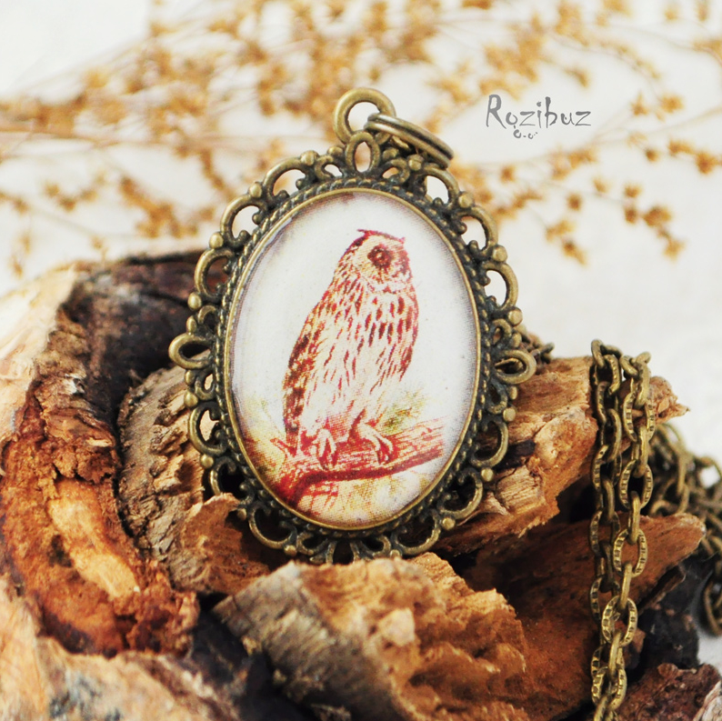 Сова рыжая на ветке - винтажный кулон на длинной цепочке