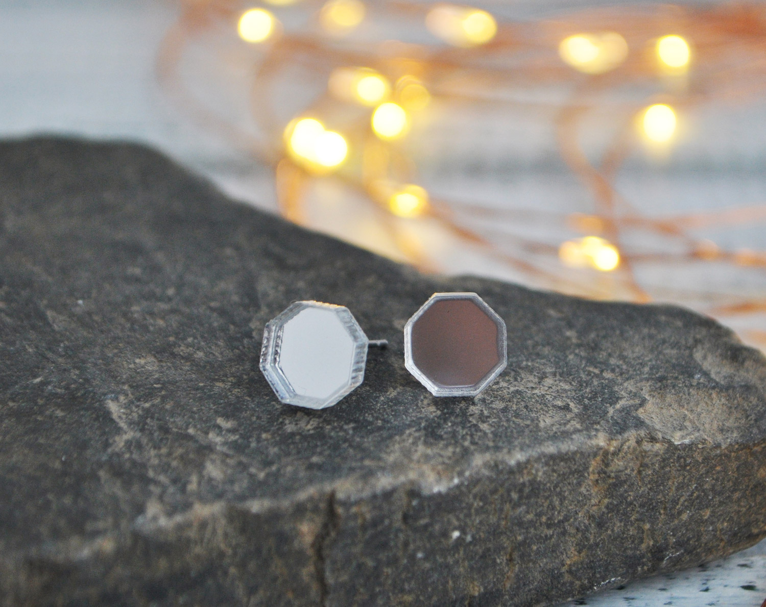 Зеркальные восьмиугольники - серьги-гвоздики зеркальные