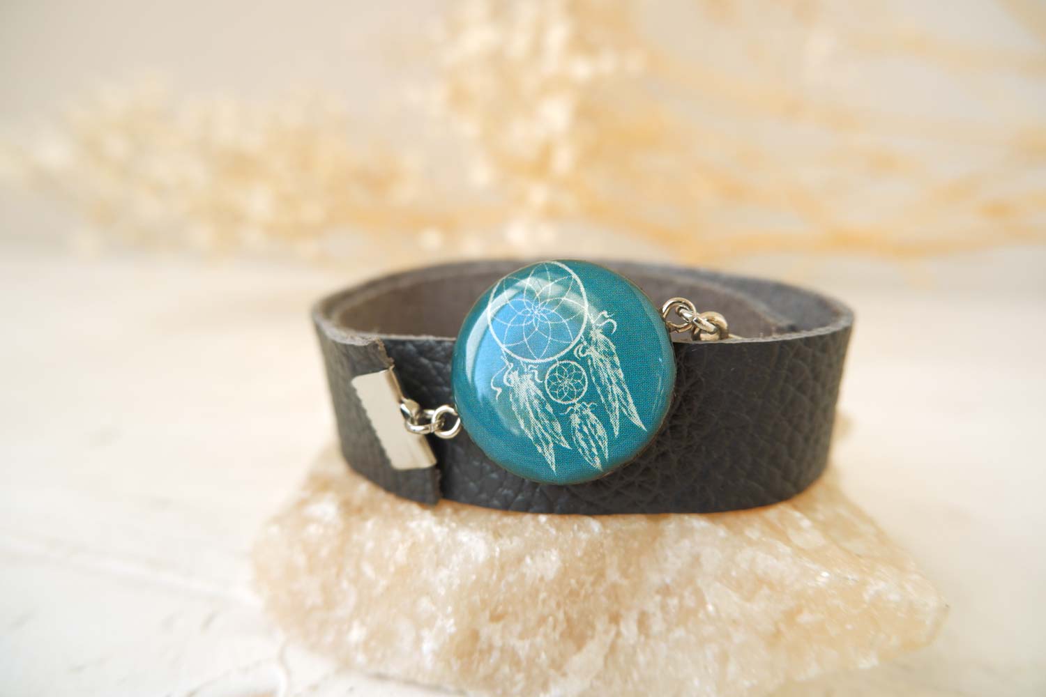 Ловец снов на синем - браслет в два оборота на толстом ремешке