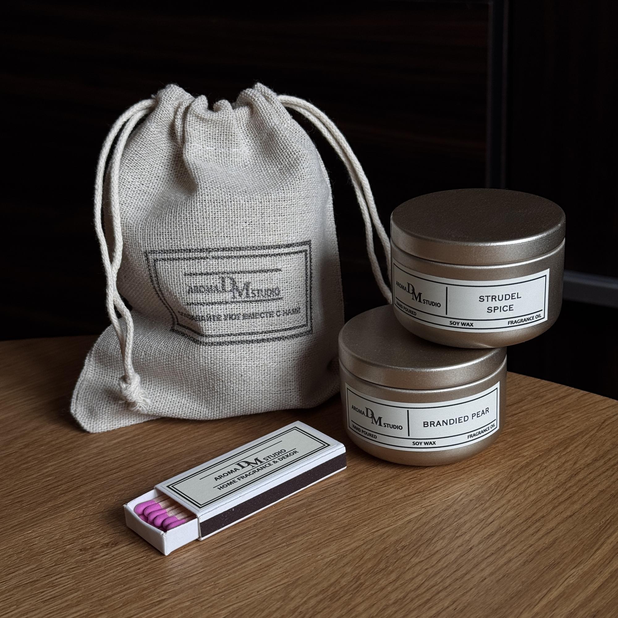 Набор из 2х свечей по 50мл в льняном мешочке