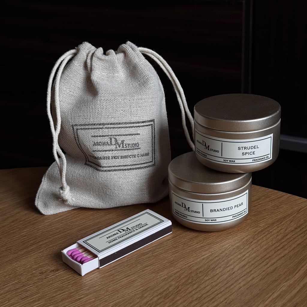 Набор из 2х свечей по 50 мл в льняном мешочке (Пихта Фразера и Груша в бренди)