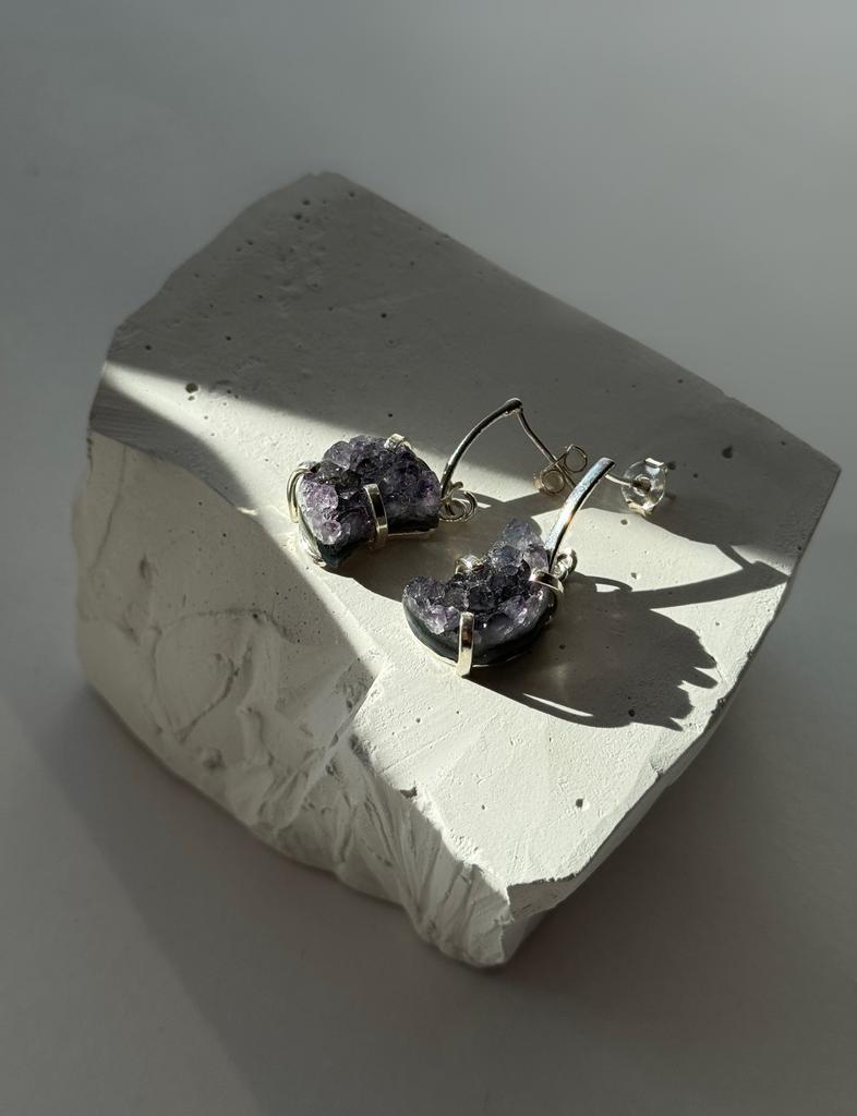 Серьги с друзой аметиста в форме луны
