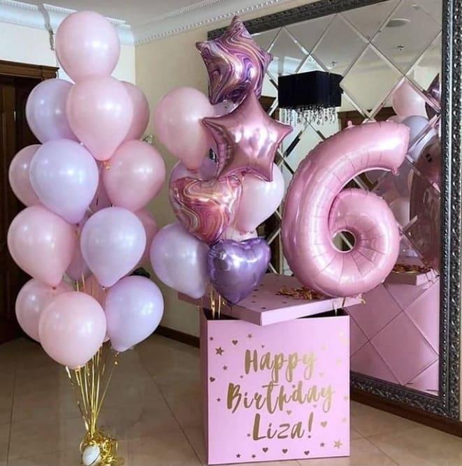Коробка-сюрприз с розовыми шариками, фонтан из латексных шариков и шар-цифра 6