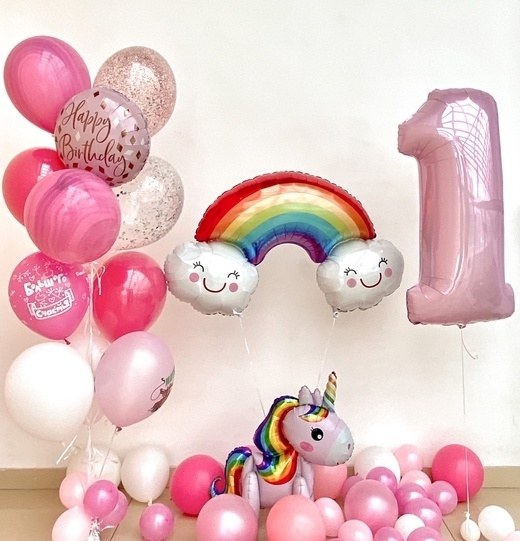 фото розовых шаров на годик девочке цифра 1 шар  радуга  единорог шар фигура