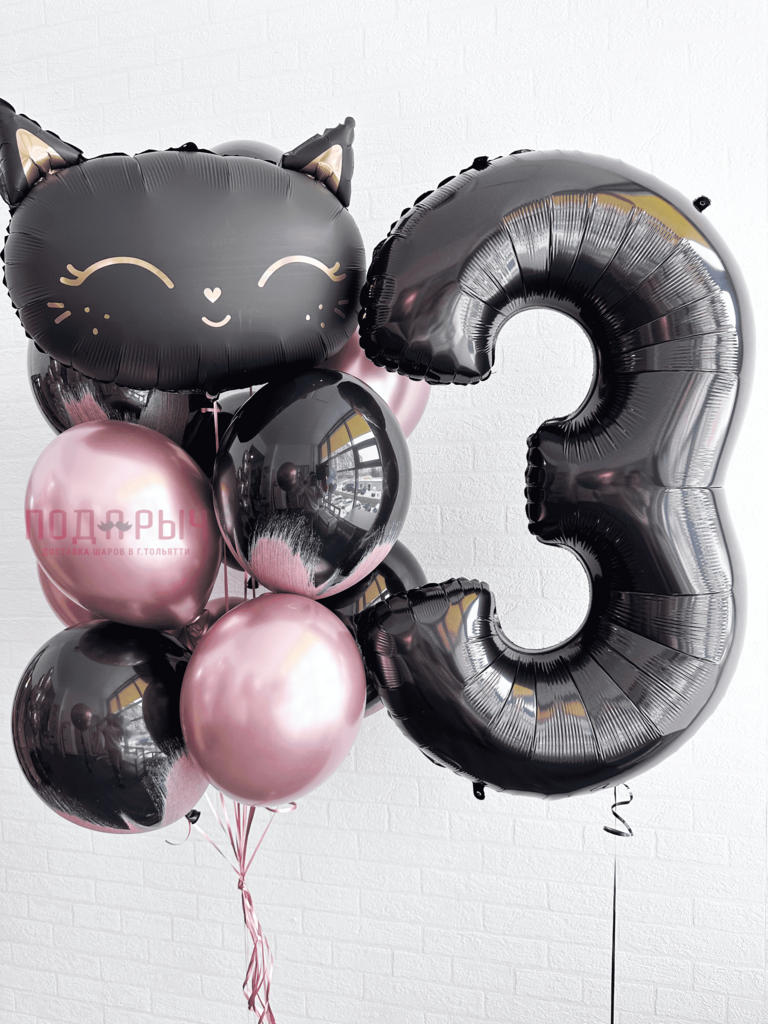 фото на белом фоне черно-розовые шарики с цифрой 3 и шар голова кошки