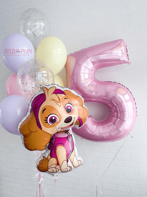 фото композиция из шаров для девочки с шаром-щенком ,фонтаном из гелиевых шаров и розовой цифрой пять
