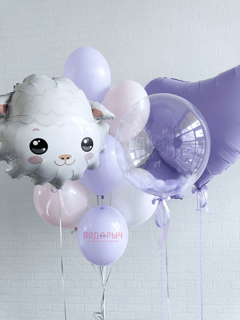 фото на белом фоне шары в сиреневых цветах баблс и сердце