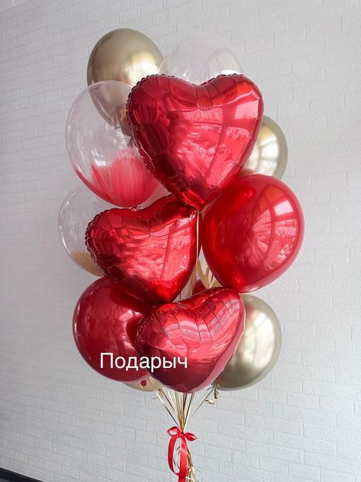 Набор воздушных шаров: красные сердца и золотые шары хром