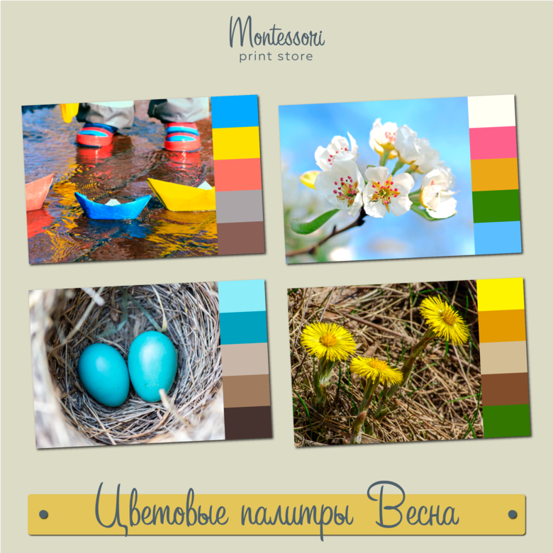 Цветовые палитры Весна - карточки Монтессори купить, скачать
