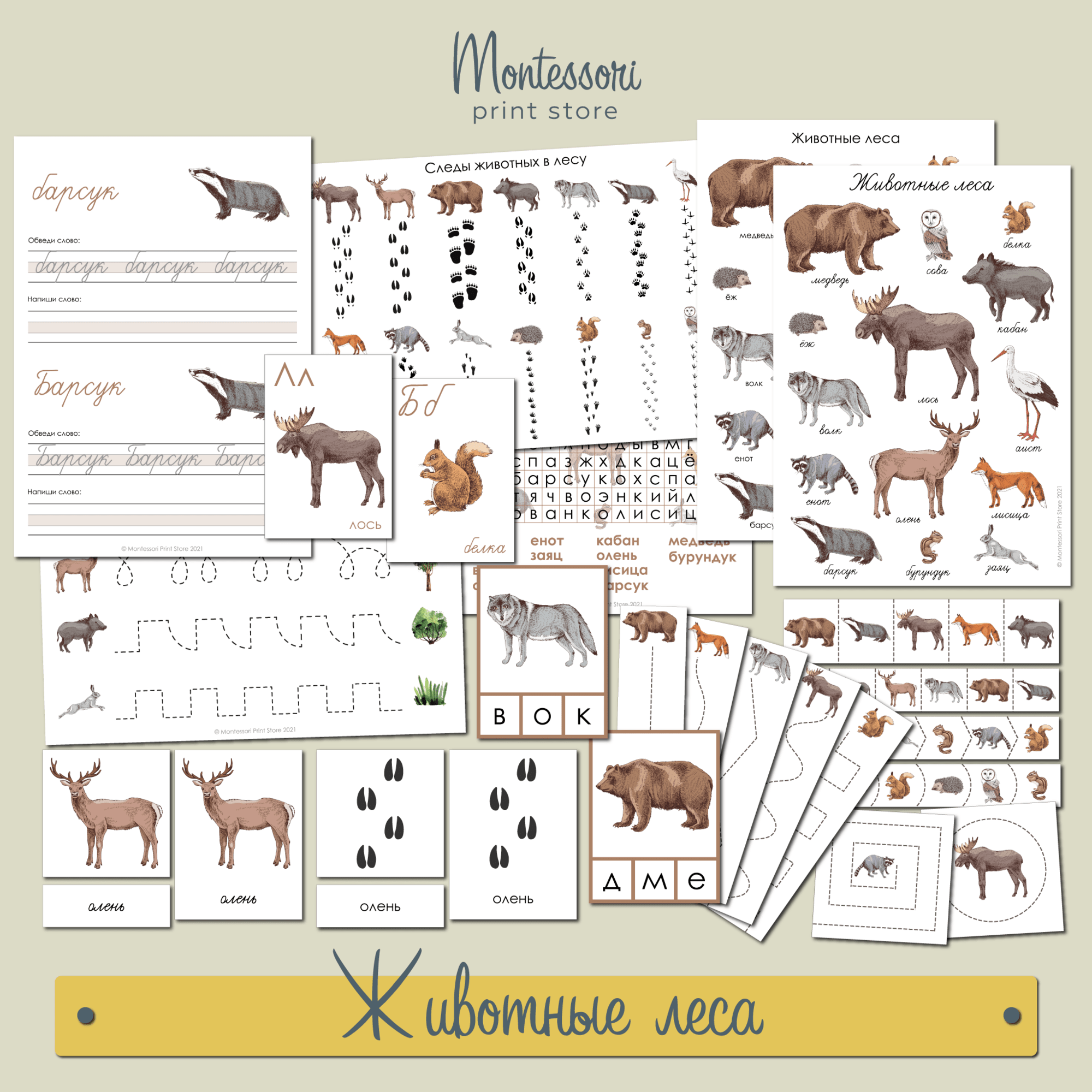 Животные леса, следы животных - карточки Монтессори купить и скачать