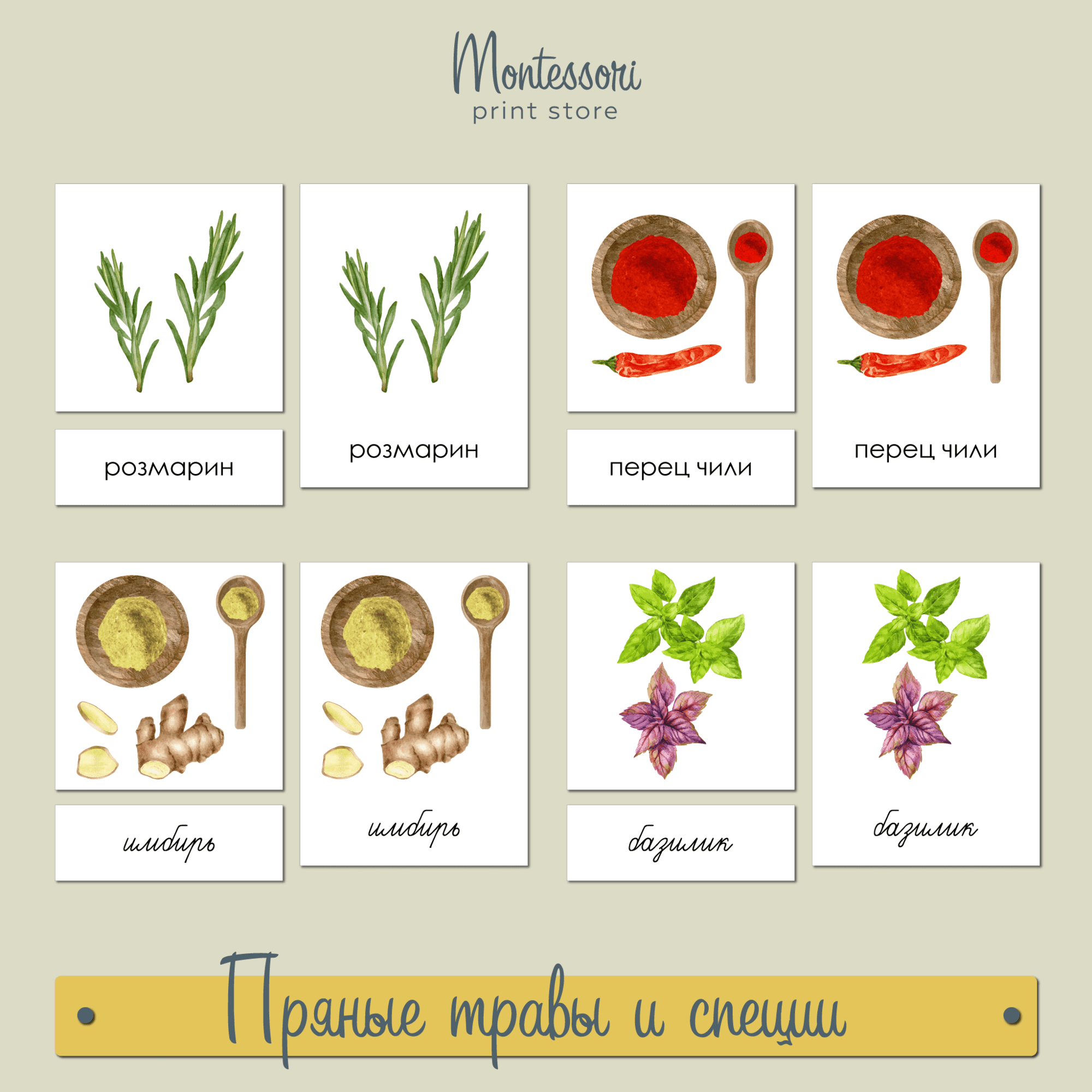 Чтение с классификацией Пряные травы и специи - карточки Монтессори купить и скачать