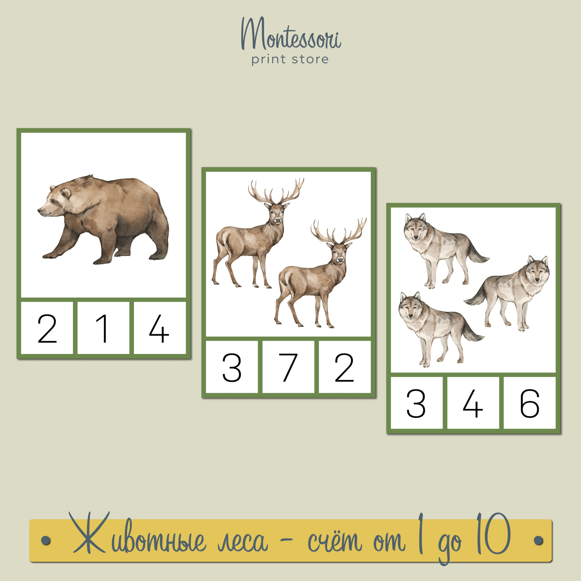 Животные леса счет от 1 до 10 - математика Монтессори купить и скачать