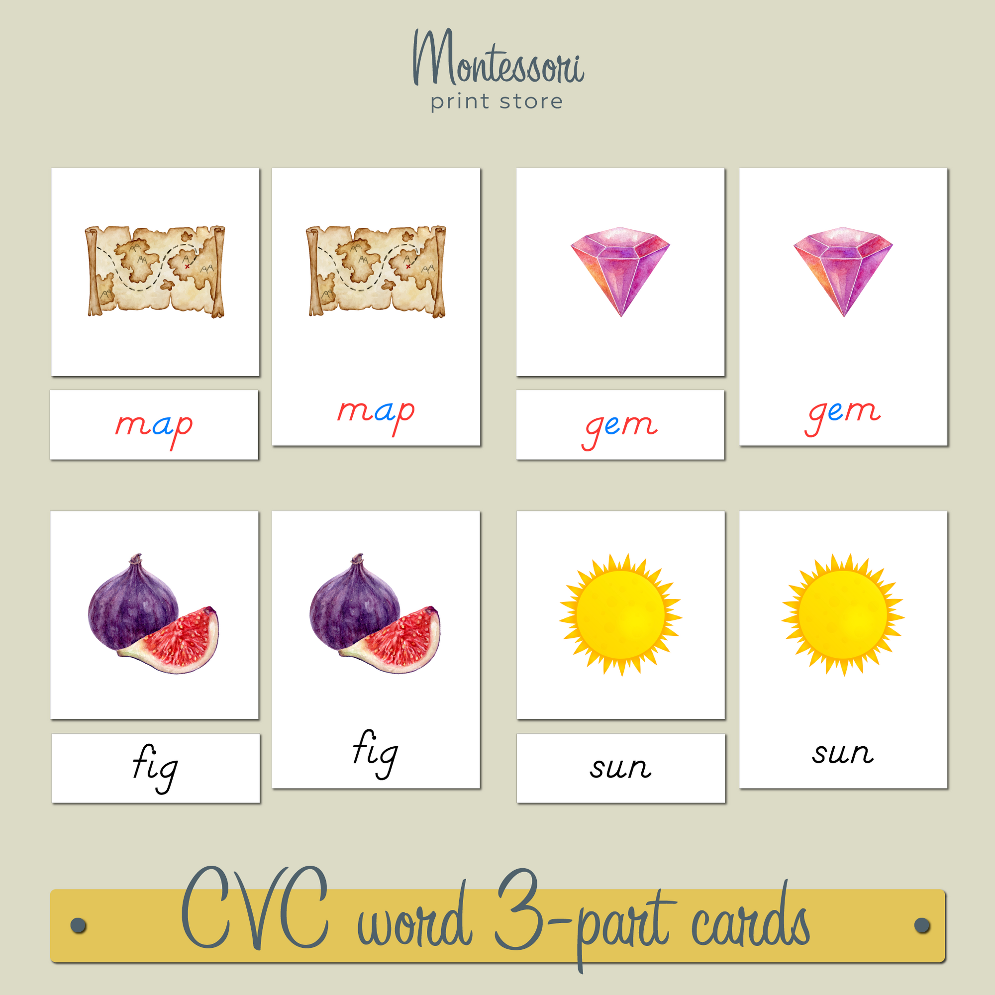 MONTESSORI PINK SERIES - CVC WORD 3-PART CARDS (D'NEALIAN PRINT)