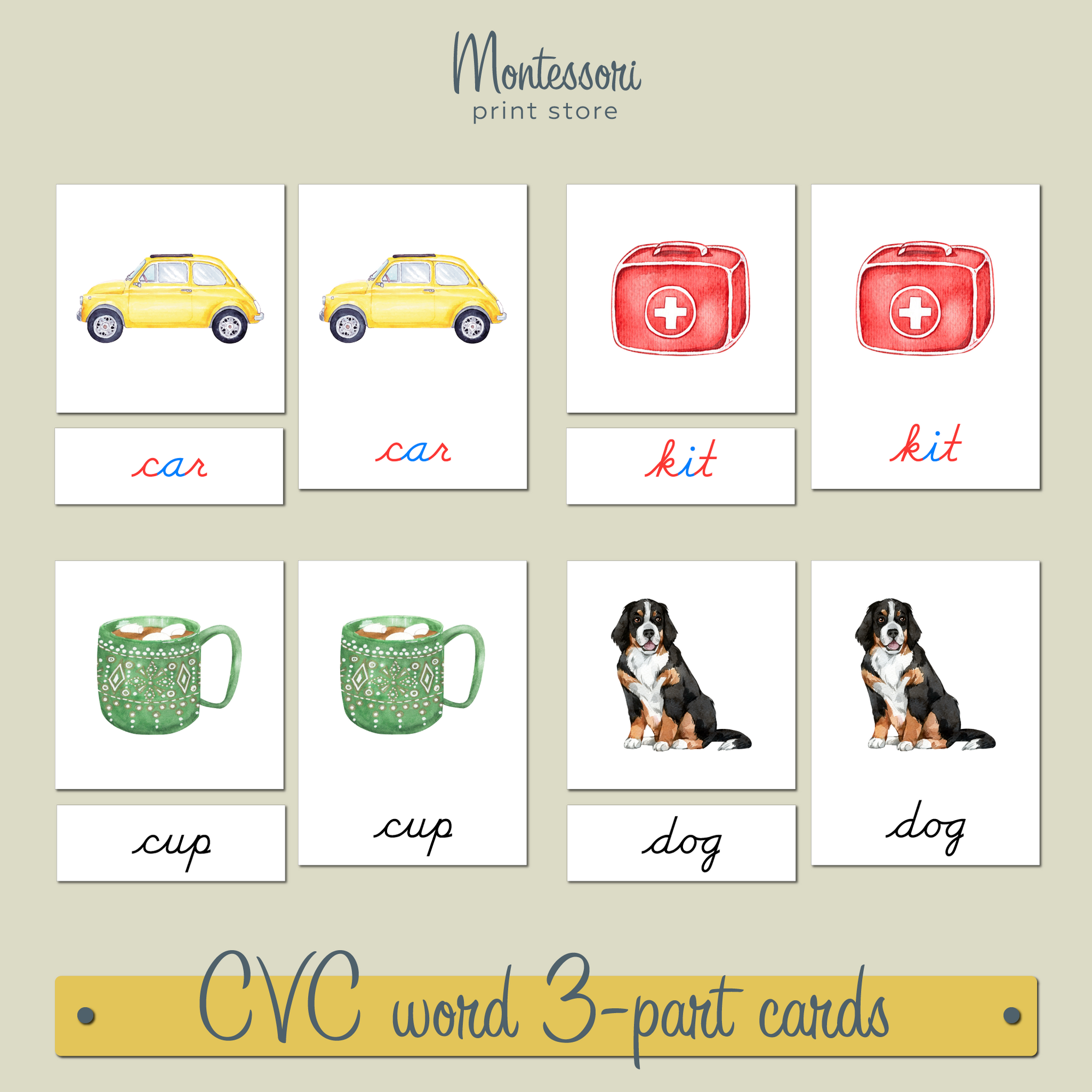 MONTESSORI PINK SERIES - CVC WORD 3-PART CARDS (CURSIVE)