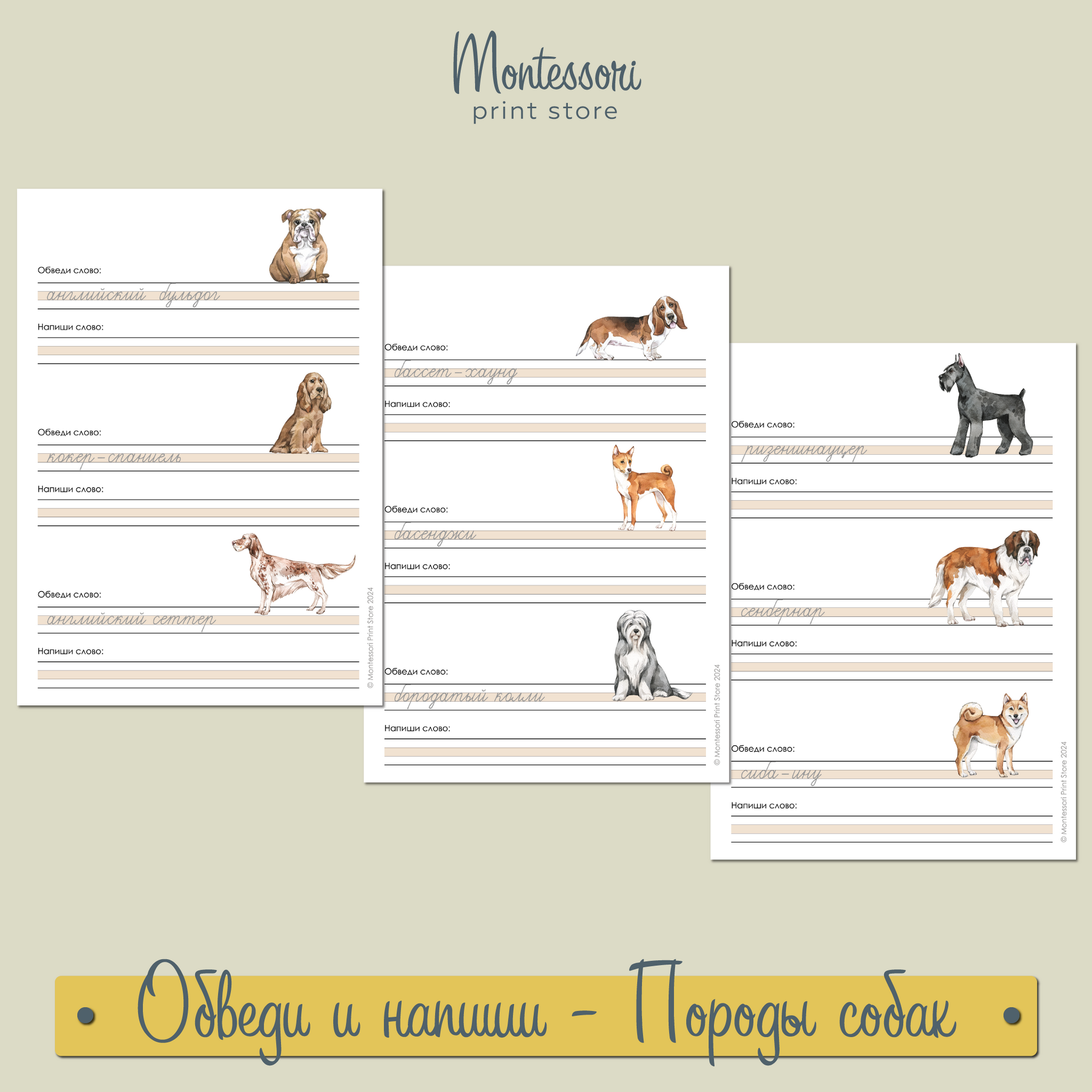Прописи слов обведи и напиши Породы собак - прописи Монтессори купить и скачать