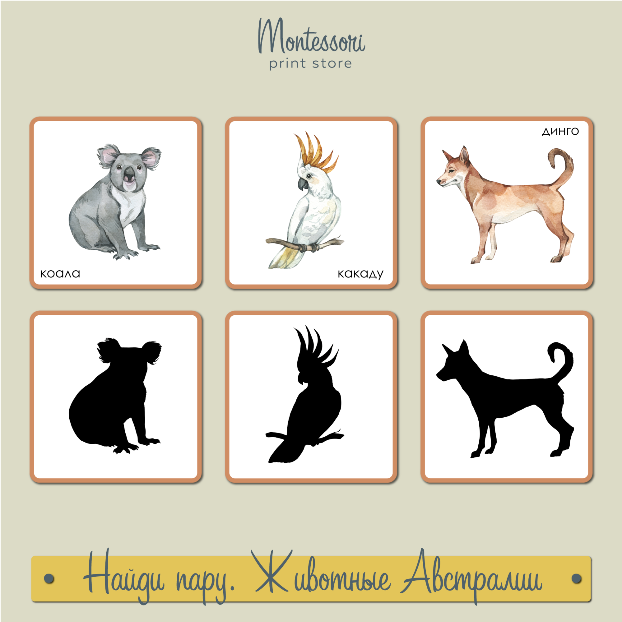 Найди тень Животные Австралии - карточки Монтессори купить и скачать