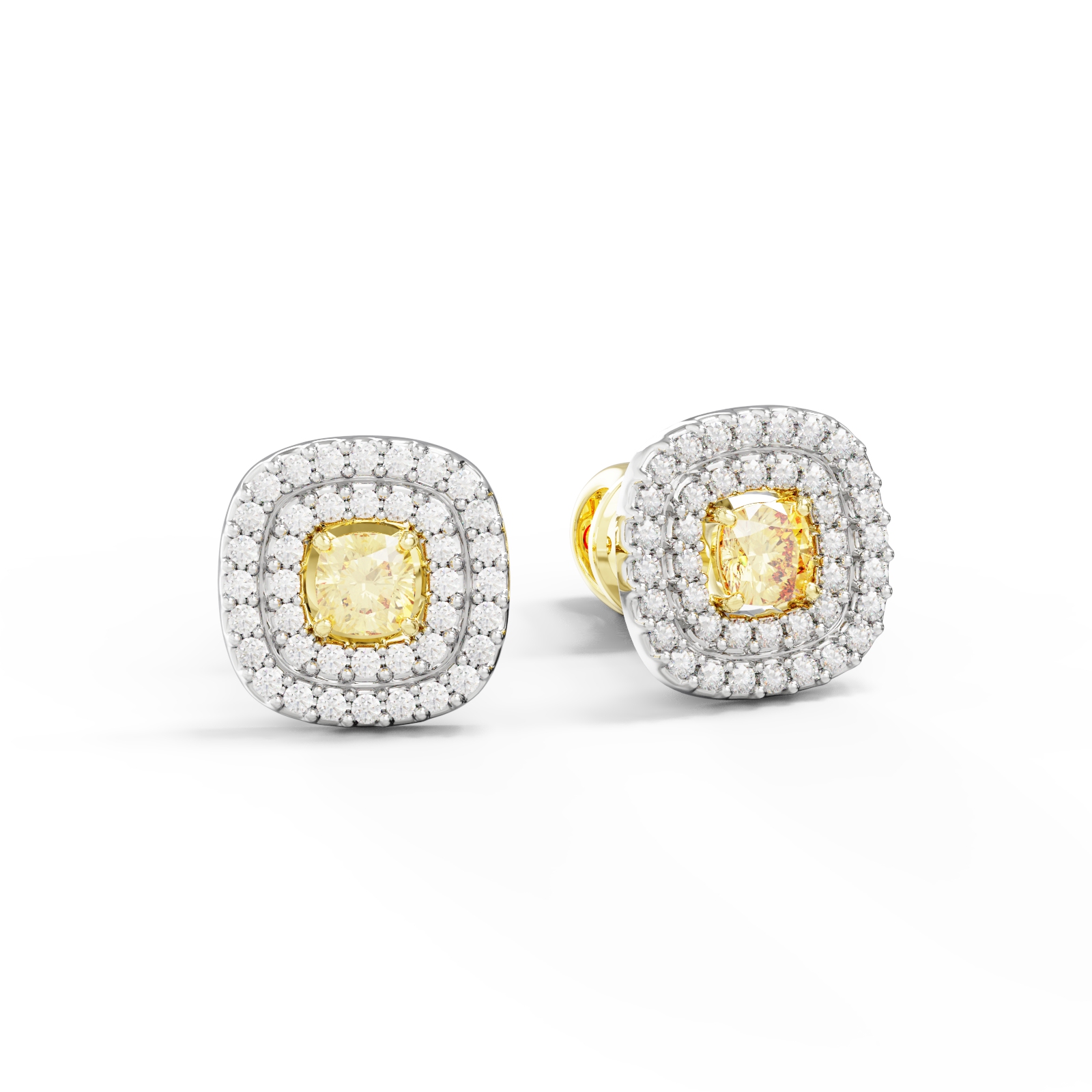 Серьги пусеты с желтым бриллиантом и двойной окантовкой