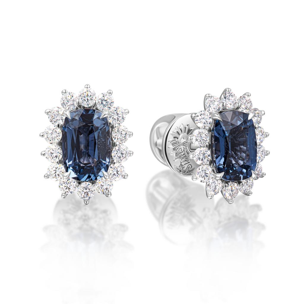 Серьги пусеты с сине-серой шпинелью и бриллиантами