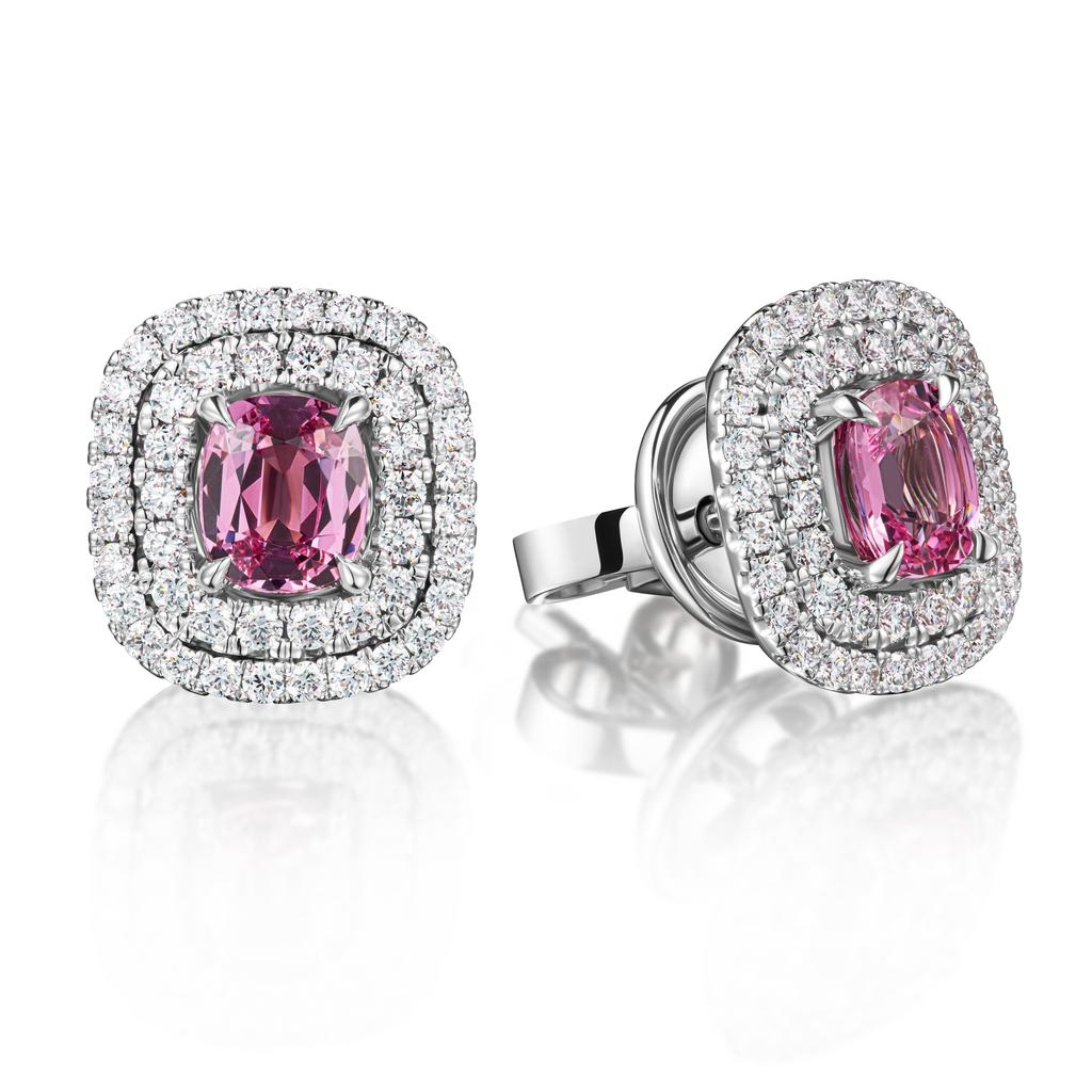 Серьги пусеты с розовой шпинелью и бриллиантами