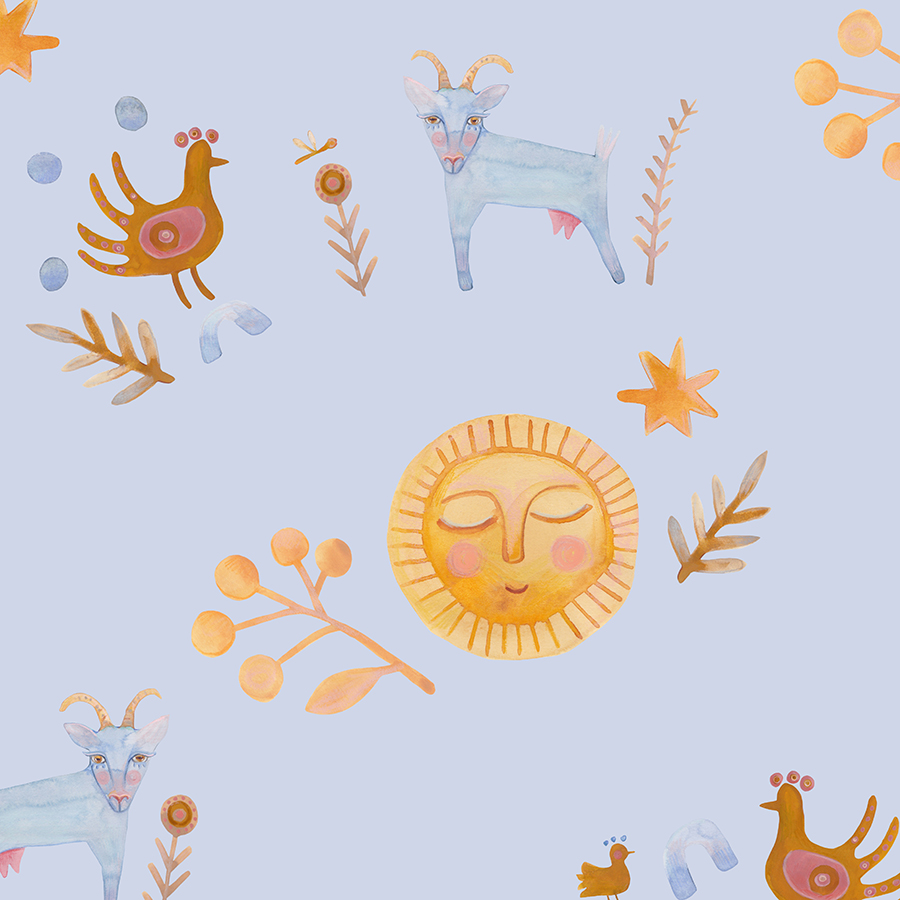 Саржа "Коза на солнышке" / небесно-голубой