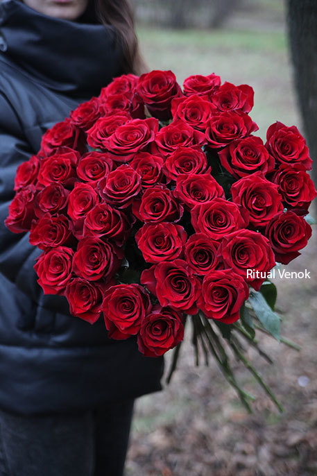 Букет из живых цветов "50 красных/белых высоких роз с крупным бутоном"