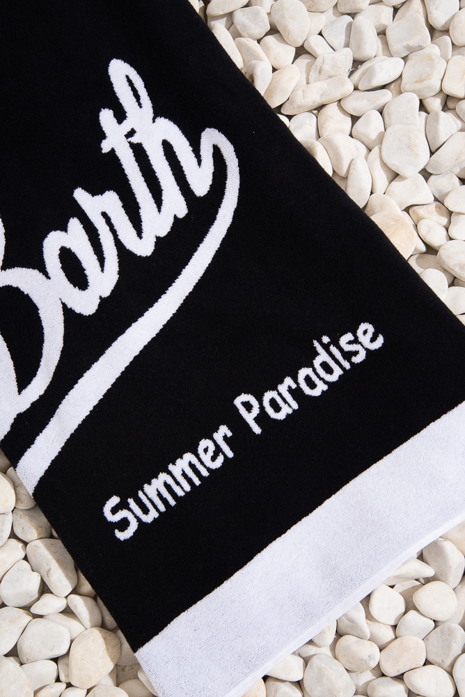 MC2 SAINT BARTH Пляжное махровое полотенце большого размера с оригинальной надписью "St. Barth" и контрастной окантовкой в черно-белой гамме.