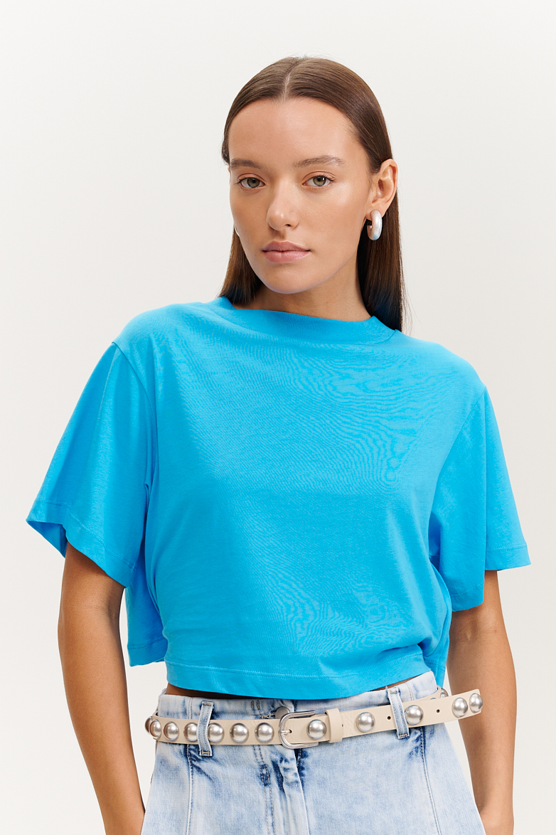 TELA Футболка-кроп изо льна оттенка кобальт с фигурным вырезом по спине и бретелью