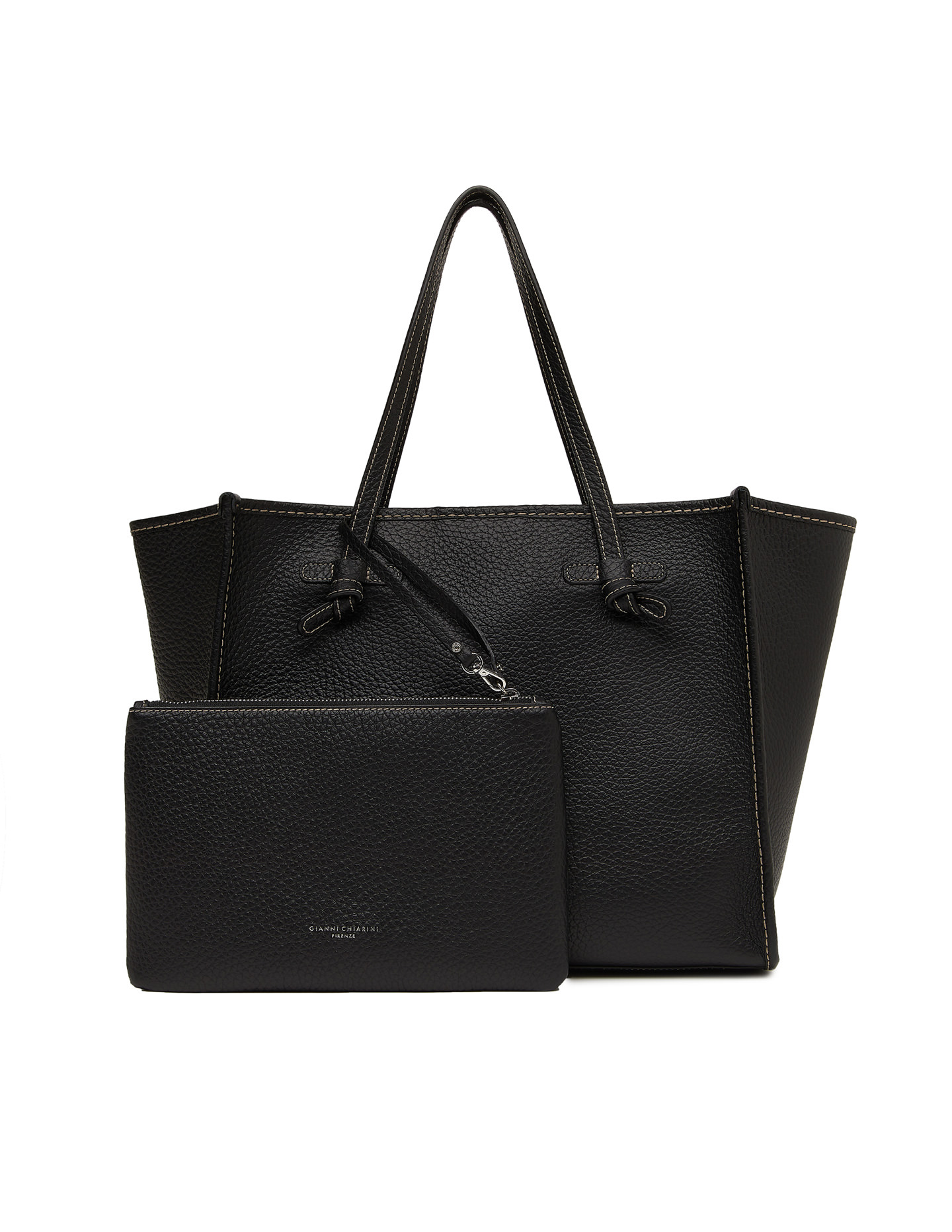 GIANNI CHIARINI Сумка-тоут Marcella из премиальной зернистой плотной кожи черного цвета  и контрастной отстрочкой