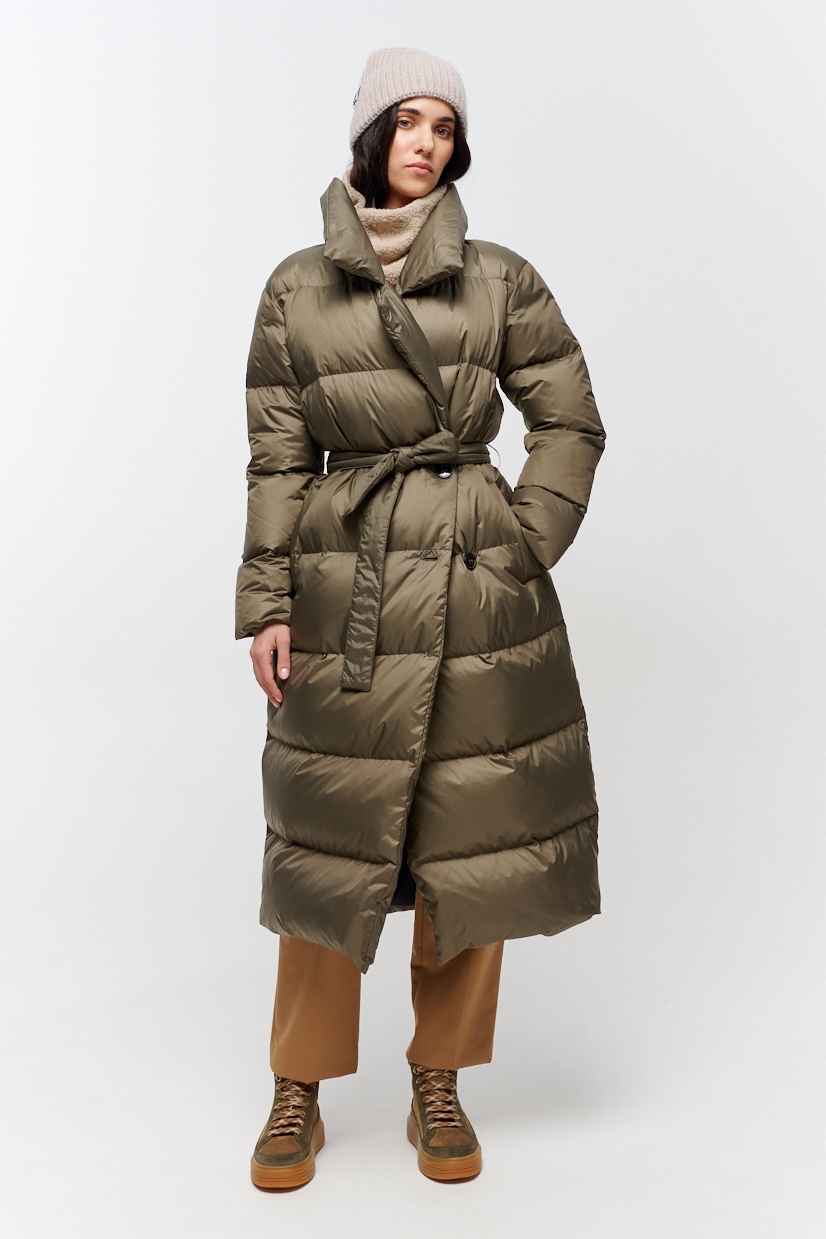 LEMPELIUS Пуховик RUA с английским воротником на мягком поясе из матового нейлона оттенка оливы