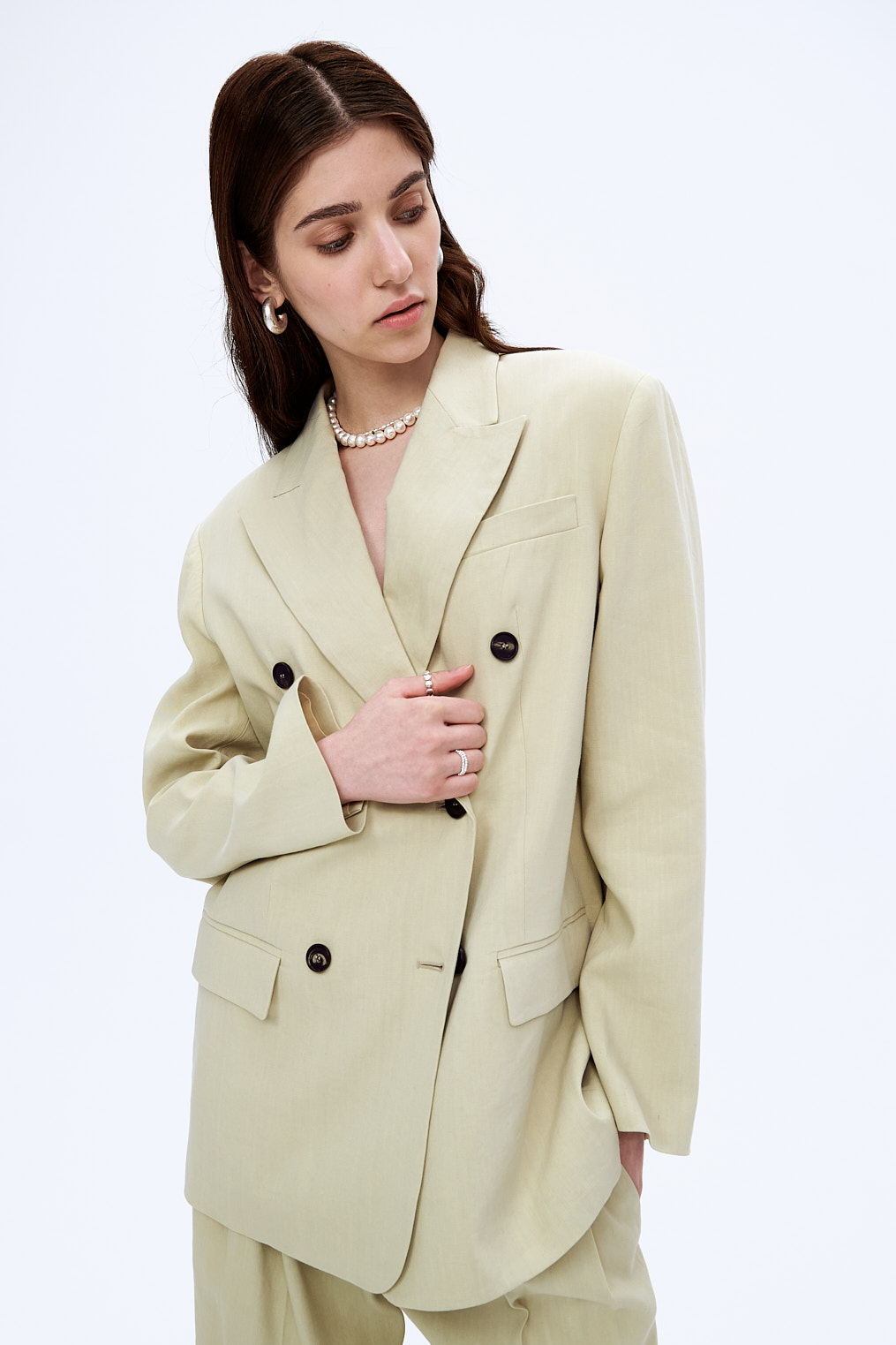 TELA Жакет мужского кроя двубортный из бленда органического льна и вискозы в оттенке алоэ