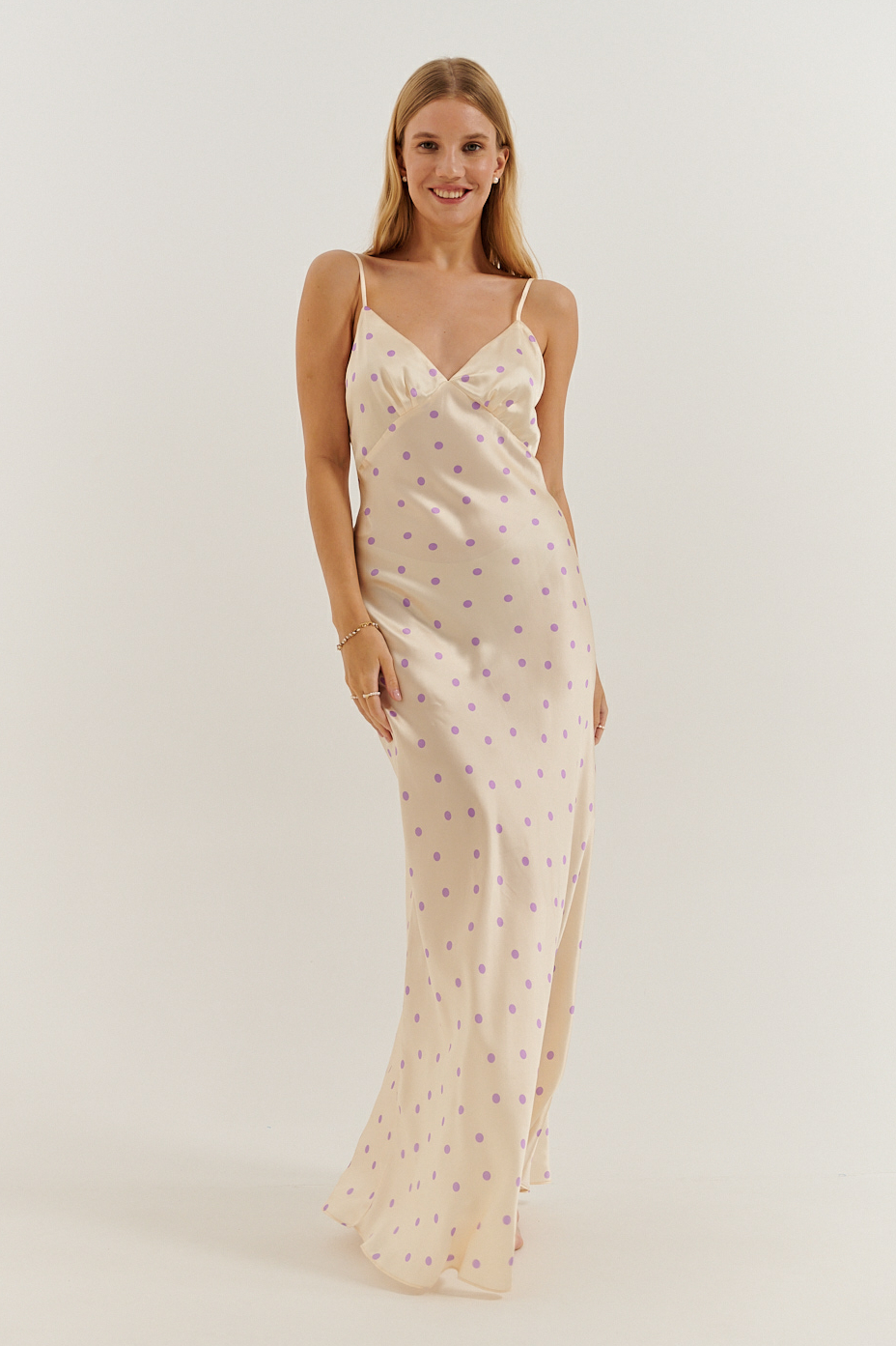 MC2 Saint Barth Платье бельевого типа длины макси из натурального шелка с рисунком в горошек в цвете айвори