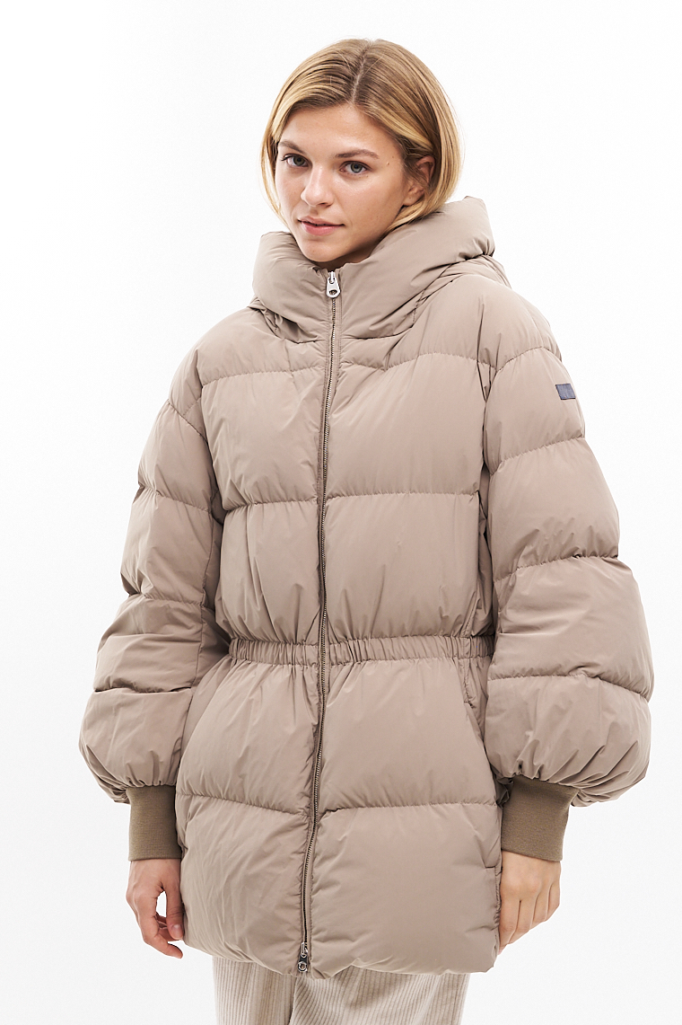 LEMPELIUS Пуховик AZA на кулиске с объемным капюшоном из матового нейлона оттенка тауп