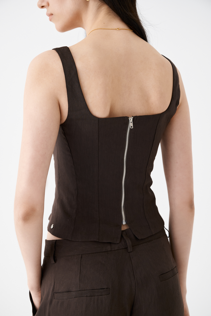 OTTOD'AME Топ корсетного типа из бленда льна и вискозы оттенка горького шоколада