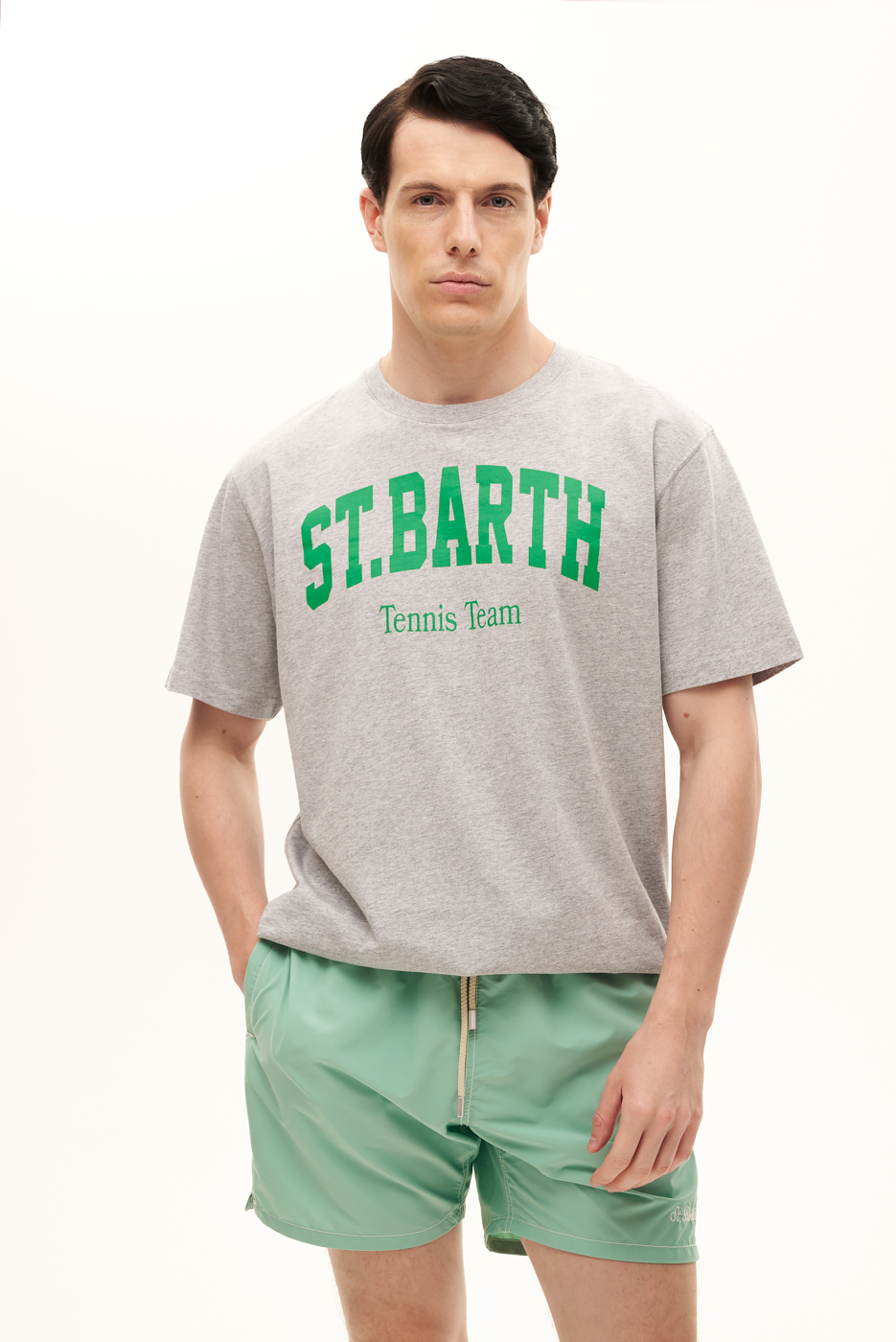 MC2 SAINT BARTH Футболка из  хлопка в сером меланже c фирменным принтом