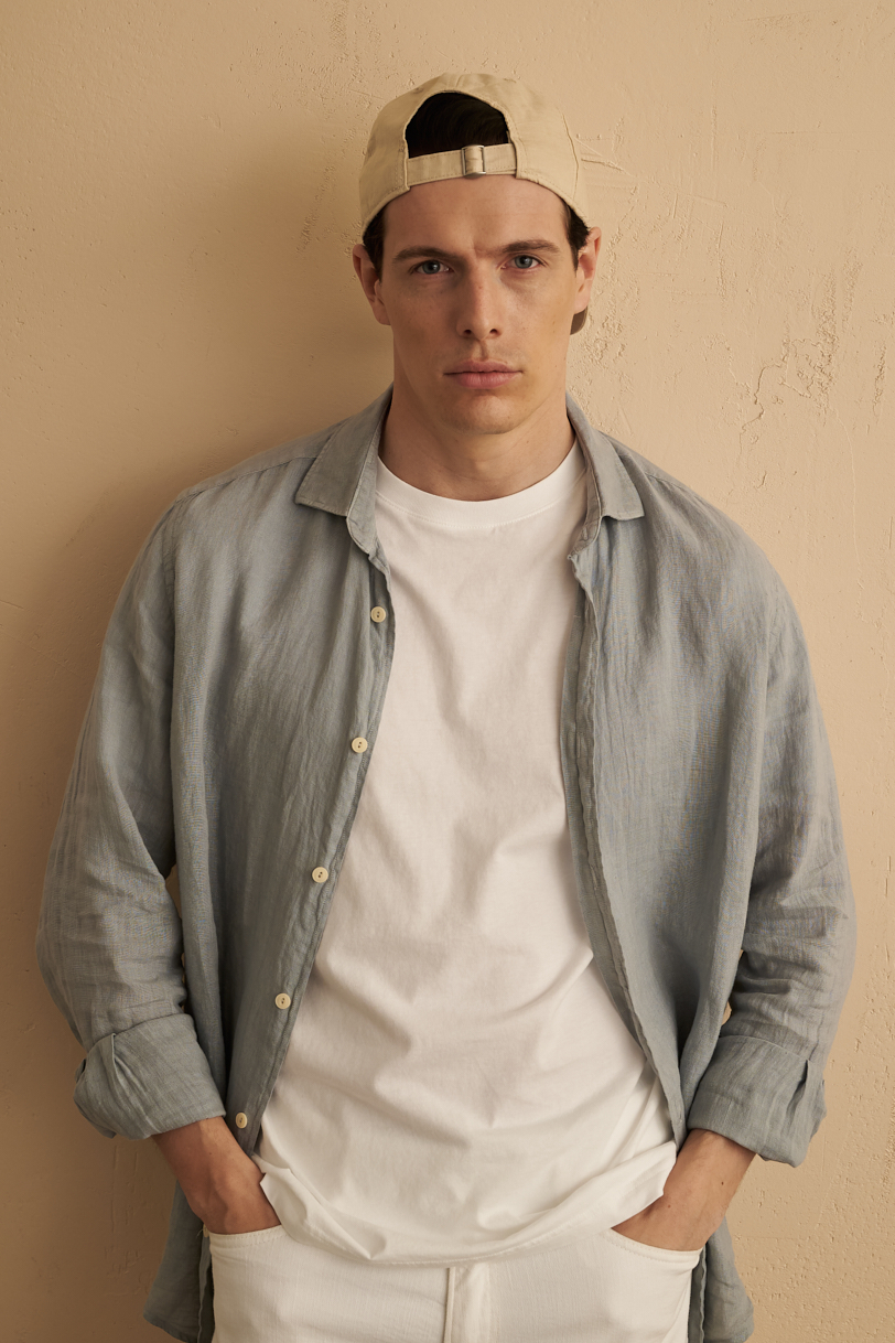 MC2 SAINT BARTH Рубашка из органического льна серо-голубого оттенка