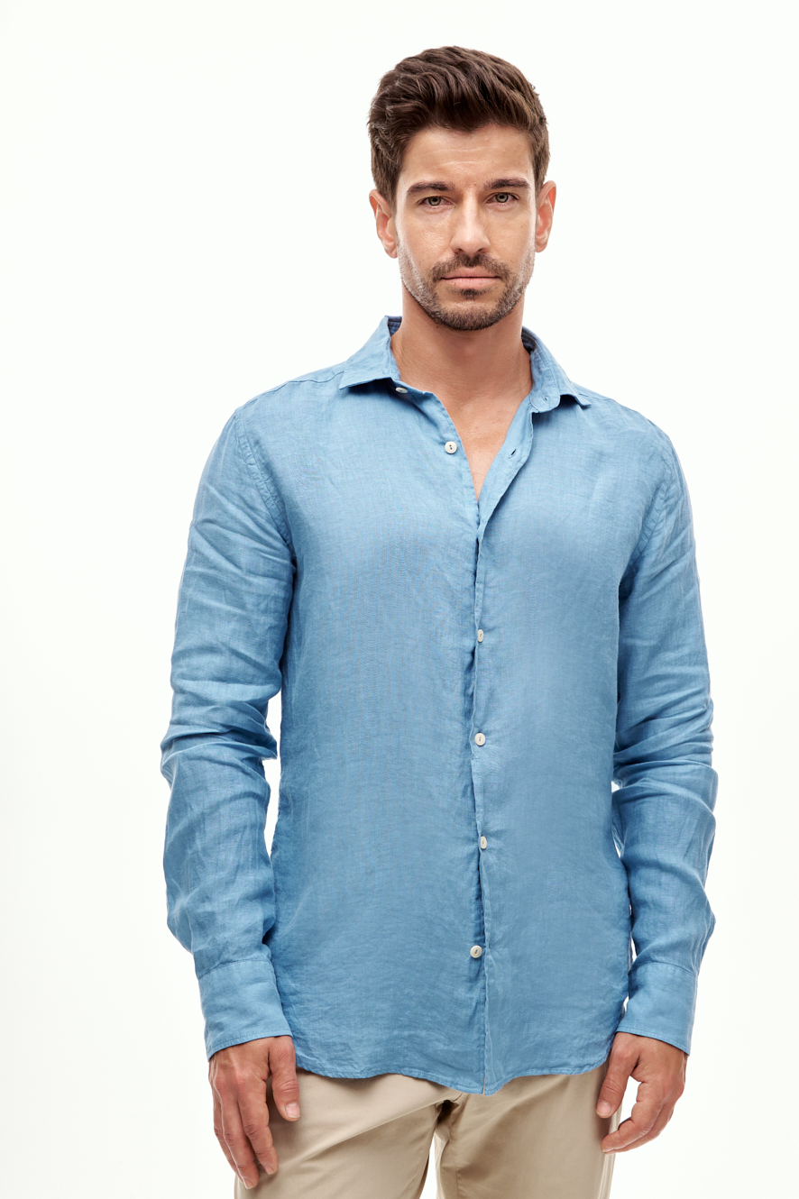 MC2 SAINT BARTH Рубашка из органического льна ярко-голубого  оттенка