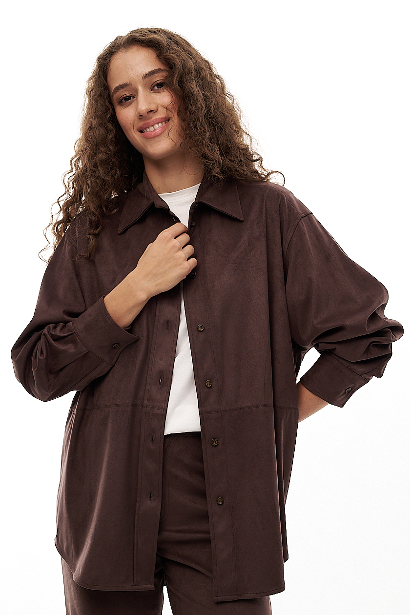 OTTOD'AME  Рубашка свободного кроя из эко-замши оттенка горького шоколада