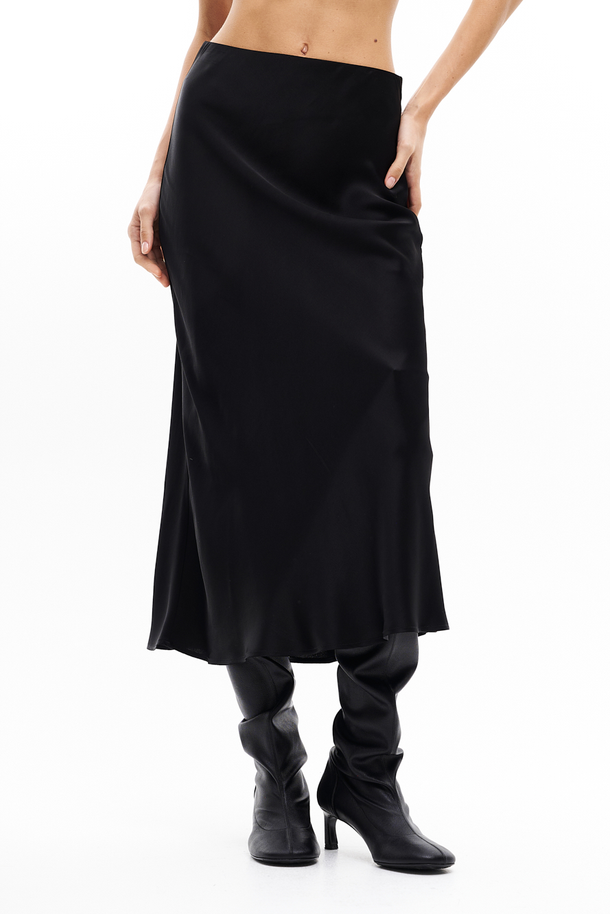 OTTOD'AME  Юбка бельевого типа длины миди из атласного сатина в глубоком черном оттенке