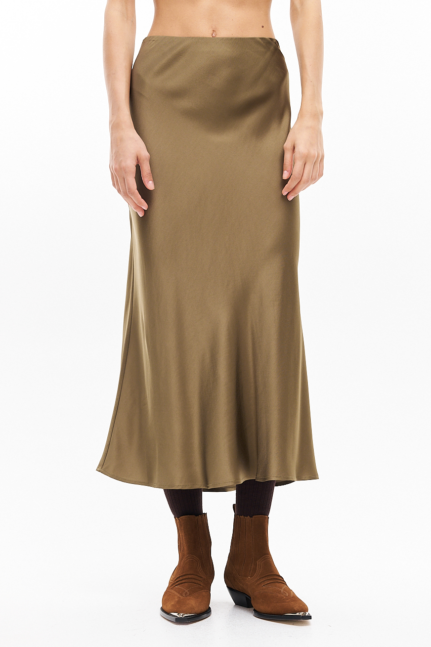 OTTOD'AME  Юбка бельевого типа длины миди из атласного сатина оттенка оливы