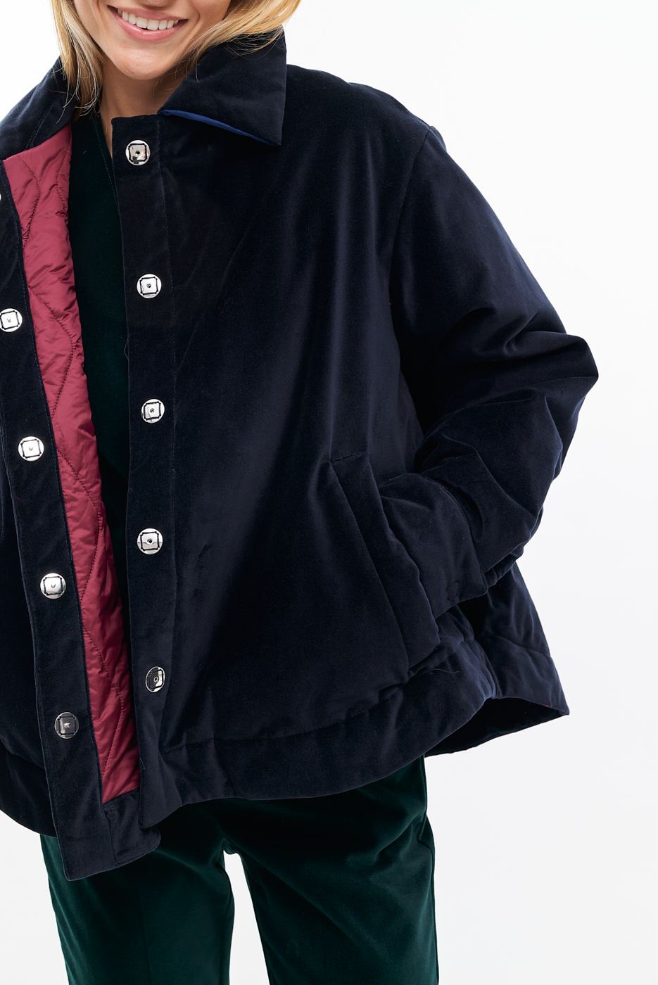 MERCÍ Бомбер-ватник со стеганой подкладкой из премиального бархата оттенка royal blue