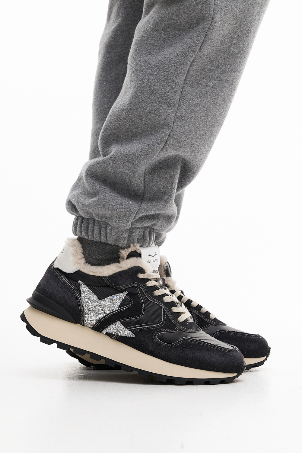 VOILE BLANCHE Кроссовки PARIS STAR в комбинации парусного нейлона и замши оттенка антрацит с металлизированной звездой