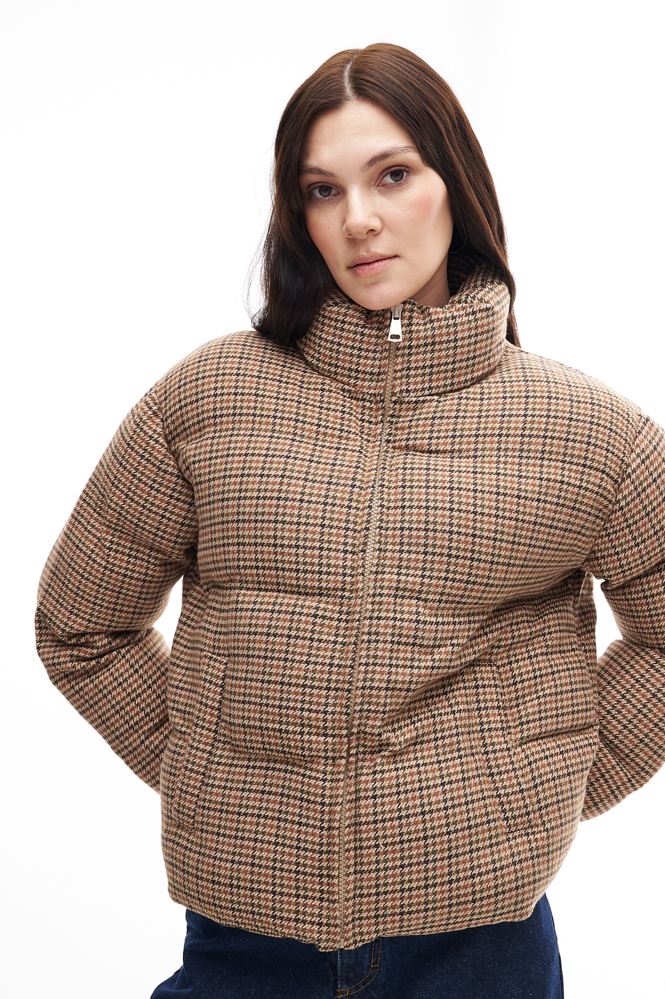 MC2 SAINT BARTH  Пуховик с прямой стежкой и воротником стойкой из технологичного нейлона флисовой фактуры с рисунком  «pied-de-poule»