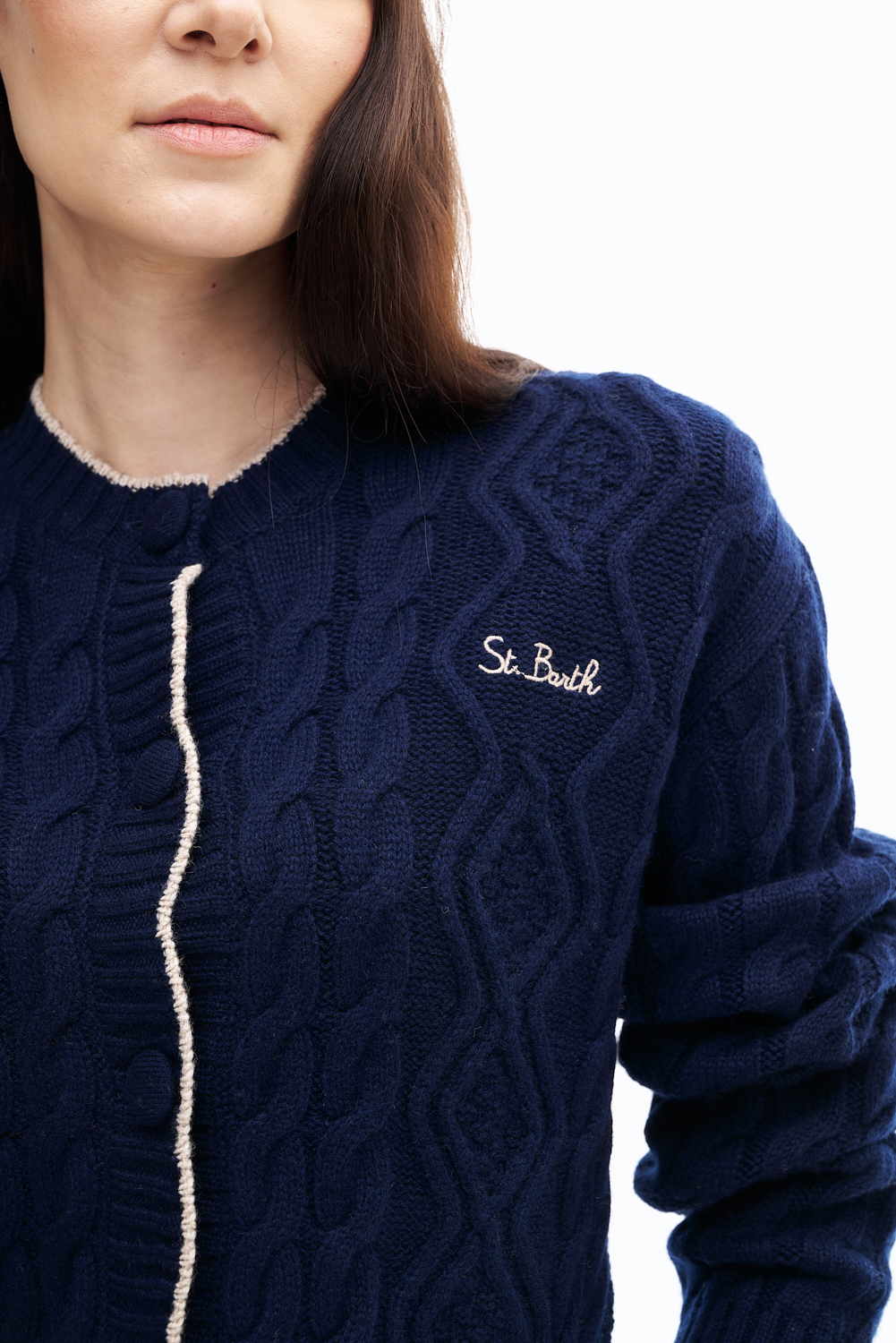 MC2 Saint Barth Кардиган из бленда кашемира и шерсти оттенка navy blue с узорами и контрастной отделкой