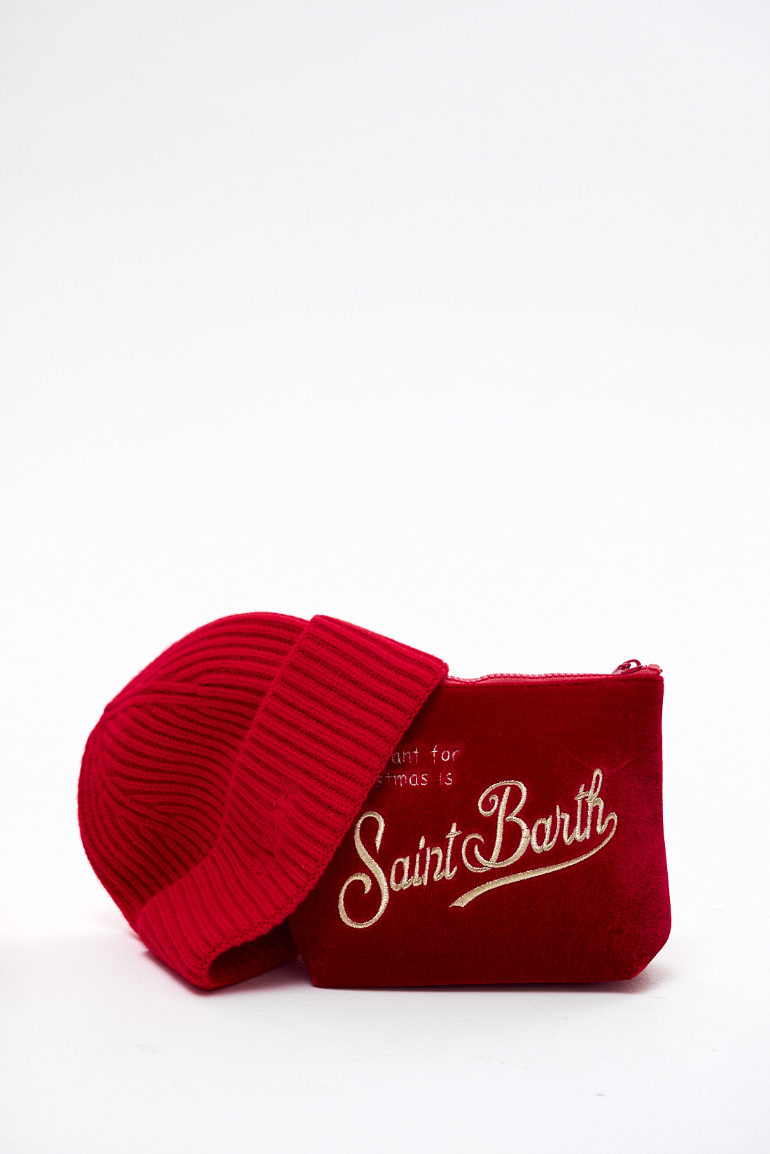 MC2 SAINT BARTH Подарочный набор: шапка-бинни оттенка rouge + косметичка из бархата Aline