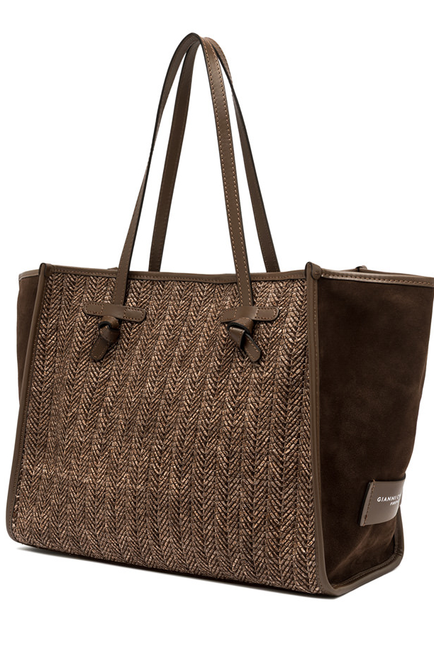 GIANNI CHIARINI Сумка-тоут Marcella Medina из плетеной рафии и хлопка оттенка бронзы с бортами из премиальной замши