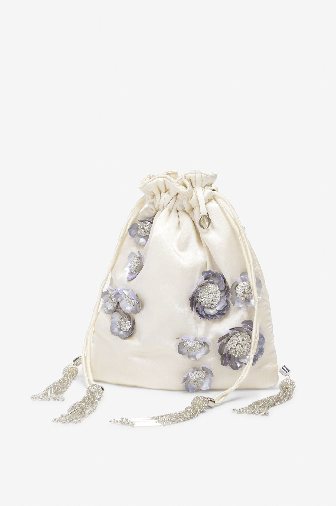 OTTOD'AME Сумочка-кисет из атласа отенка экрю, расшитая объемными цветами