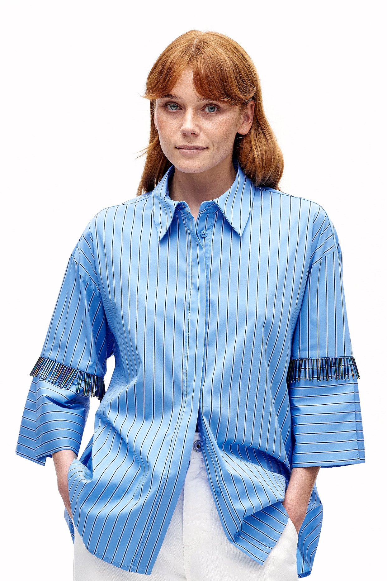 MEME ROAD Рубашка оверсайз с рисунком в полоску и декоративной бахромой из стекляруса