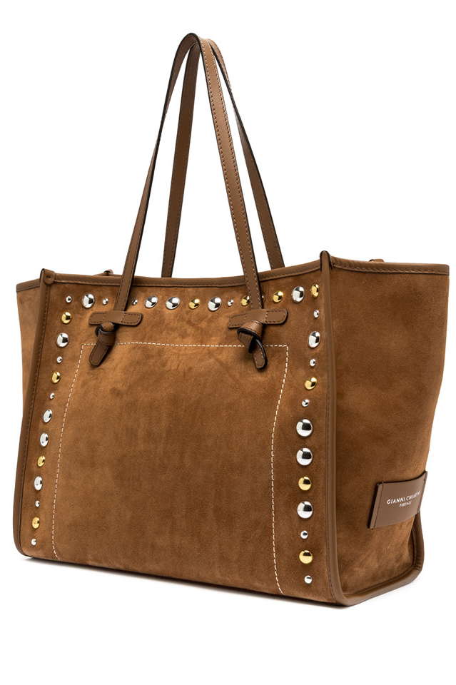 GIANNI CHIARINI  Сумка Marcella Tangerine из премиальной замши оттенка коньяка с декором в виде металлических клепок