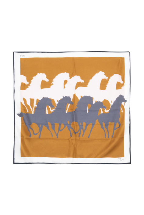 TELA Платок HORSES из натурального шелка с принтом «Лошади» в оттенке горчицы